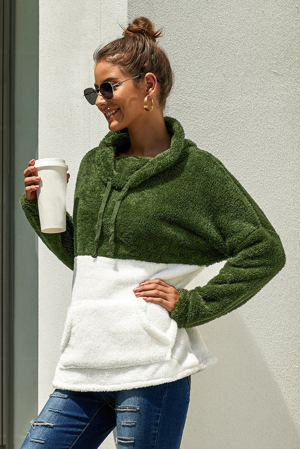 Color Block Drawstring Detail Teddy Sweatshirt