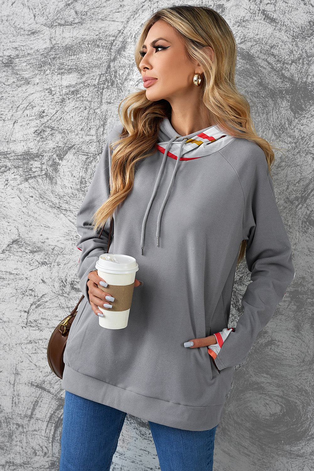 Rainbow Stripe Zipper Detail Elbow Patch Hoodie