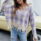Plaid Frayed Trim V-Neck Sweater