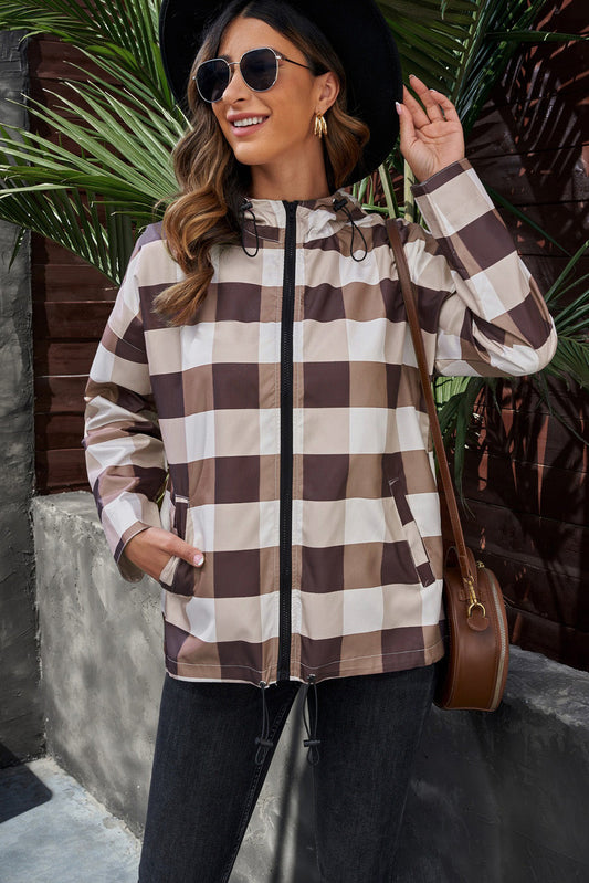 Plaid Drawstring Hem Zip Up Hooded Jacket