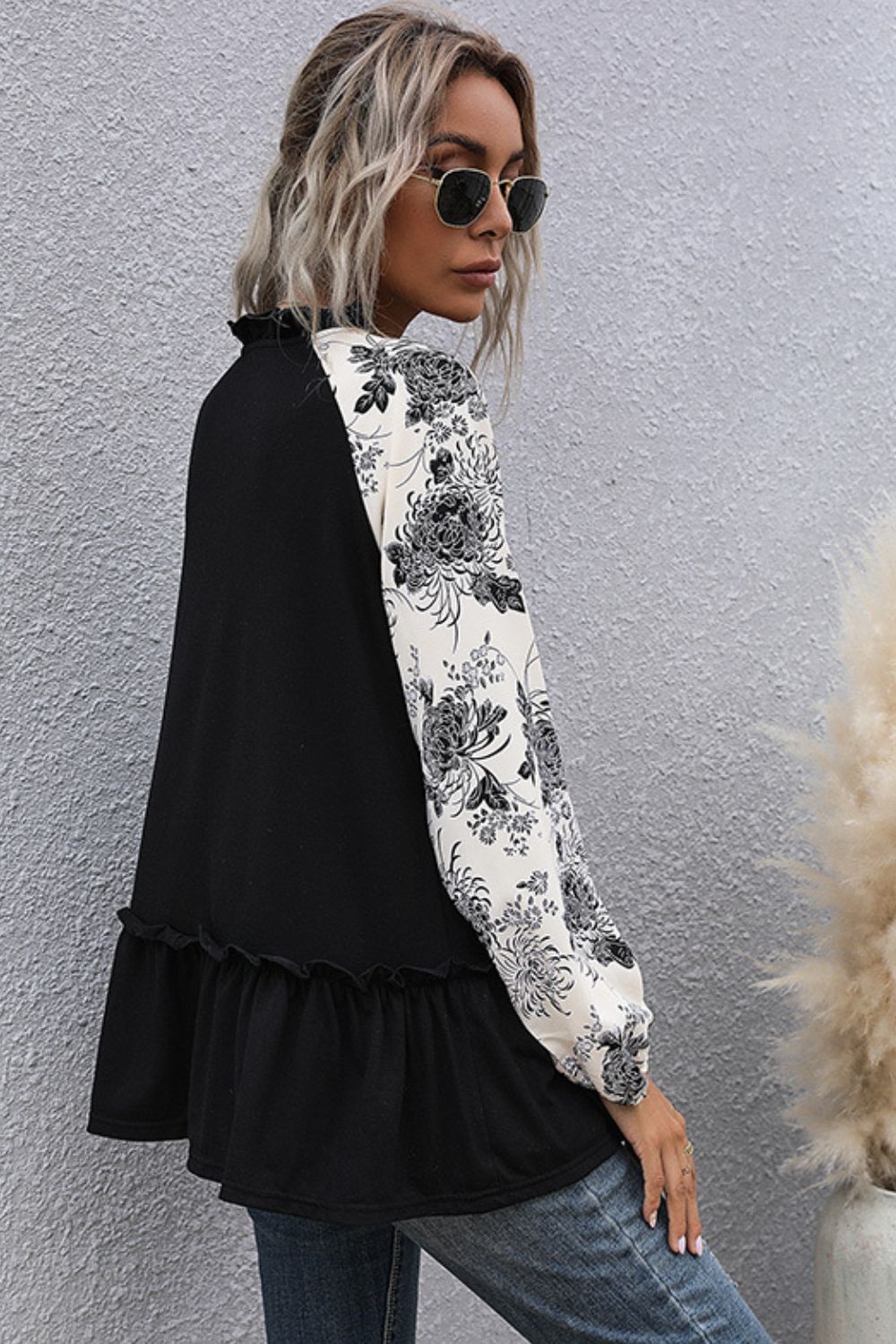 Floral Raglan Sleeve Tassel Tie Frill Trim Top