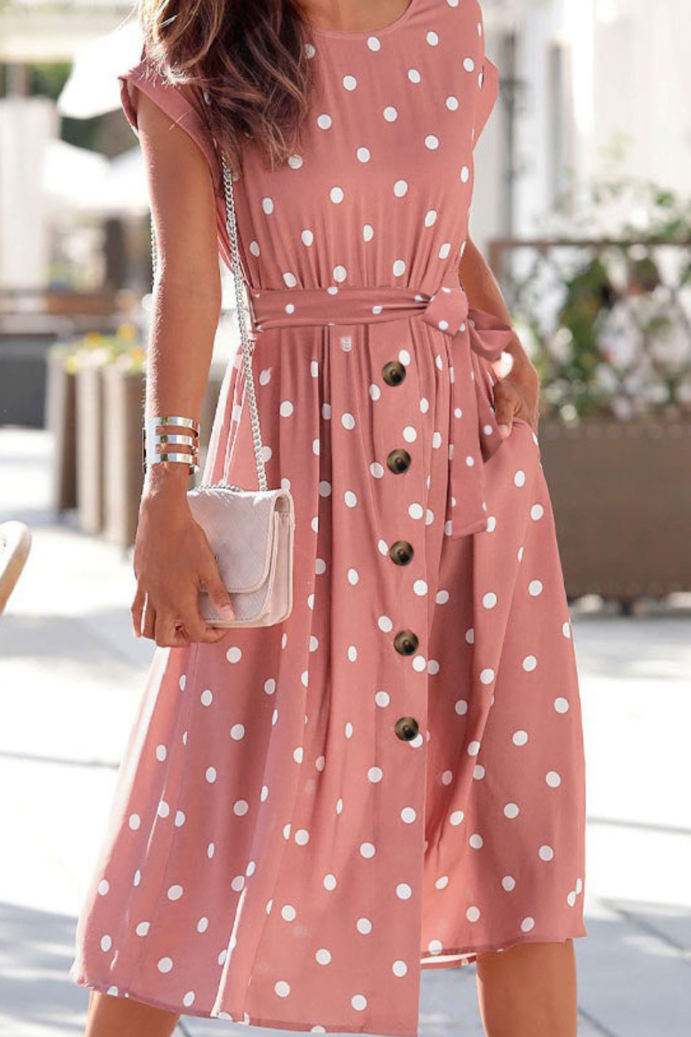 Polka Dot Round Neck Dress with Pockets