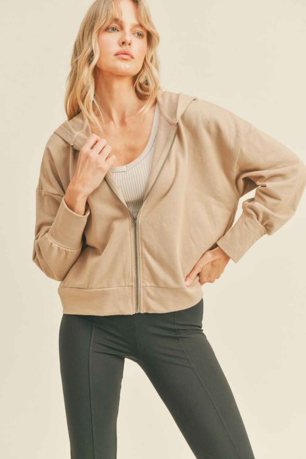 Kimberly C Full Size Zip-Up Drop Shoulder Hooded Jacket in Taupe