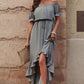 Off-Shoulder Drawstring Waist Ruffled High-Low Dress