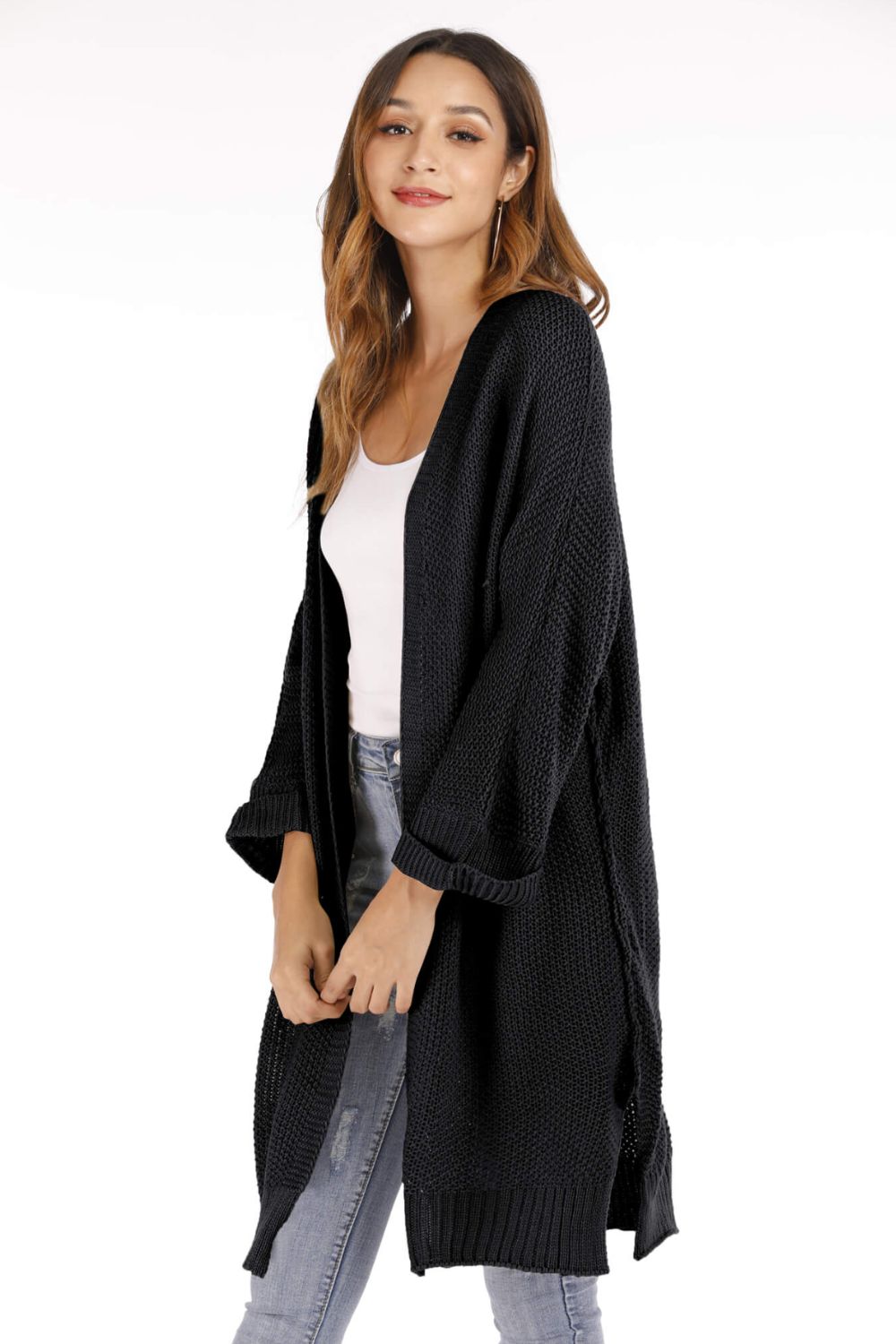 Open Front Slit Exposed Seam Cardigan