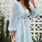 Ditsy Floral Cutout Drawstring Detail Puff Sleeve Dress
