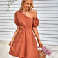 Cutout Asymmetrical Neck Puff Sleeve Dress
