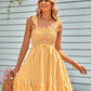 Striped Smocked Ruffle-Shoulder Sleeveless Dress