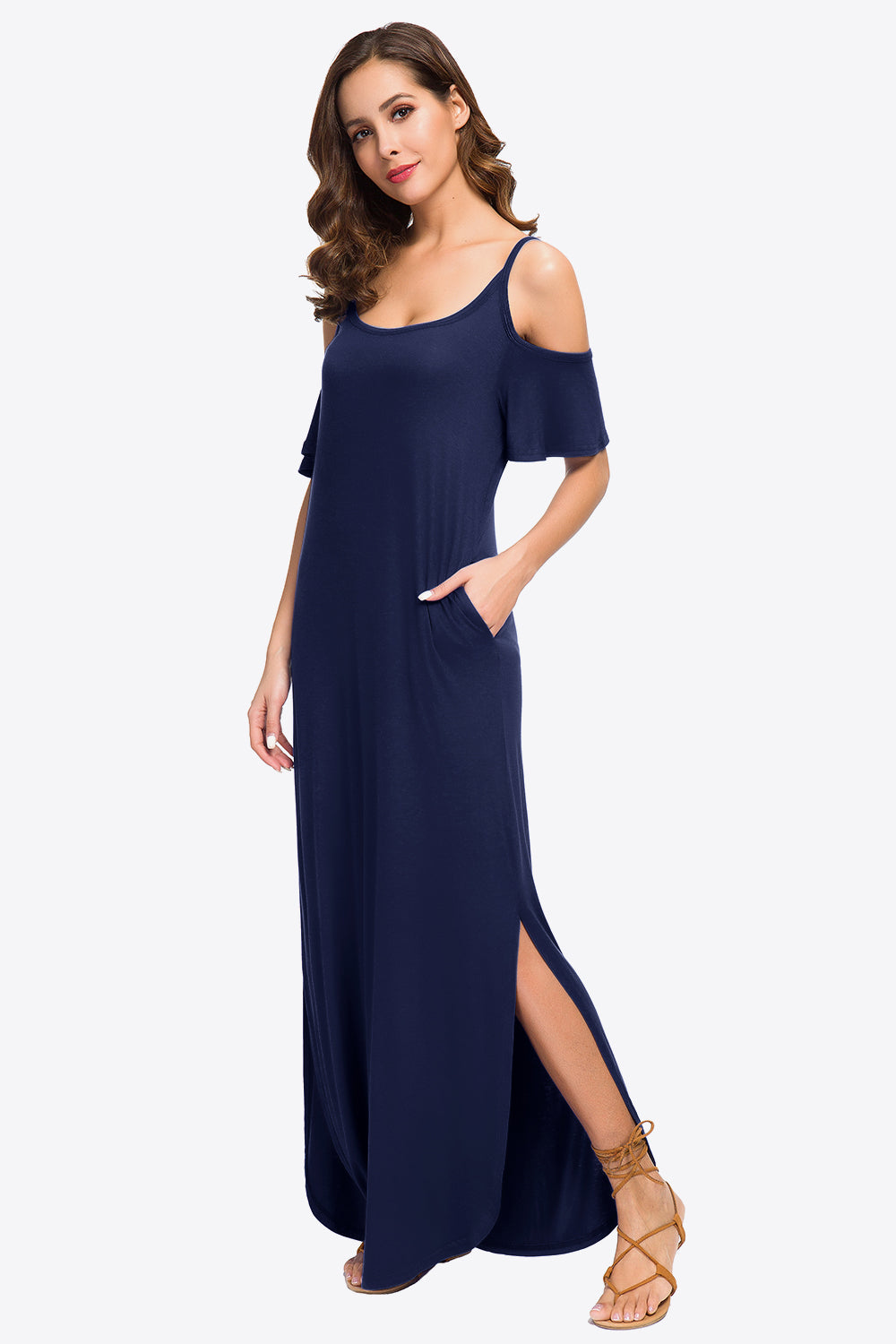 Cold-Shoulder Split Maxi Dress with Pockets