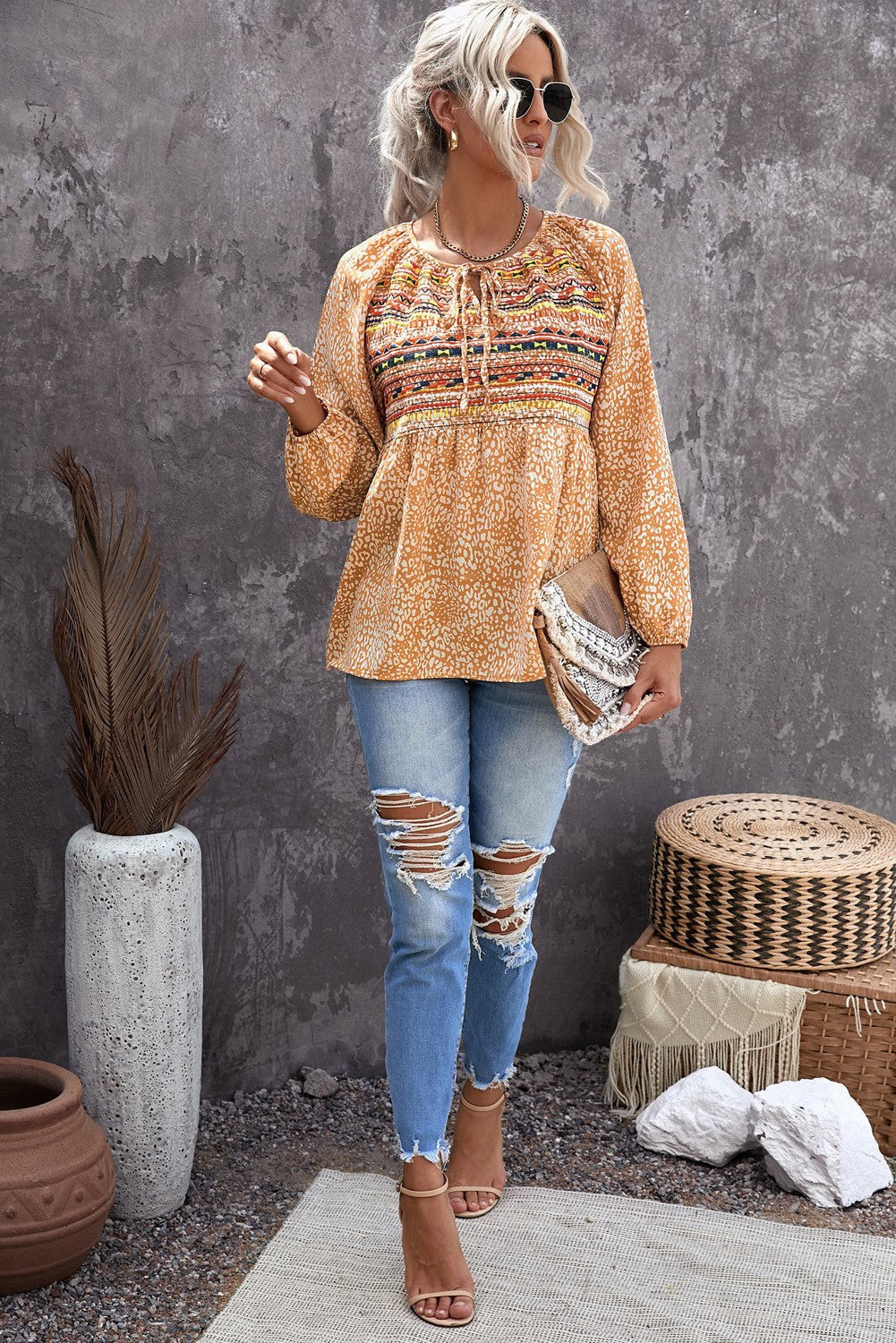 Printed Tie-Neck Balloon Sleeve Blouse