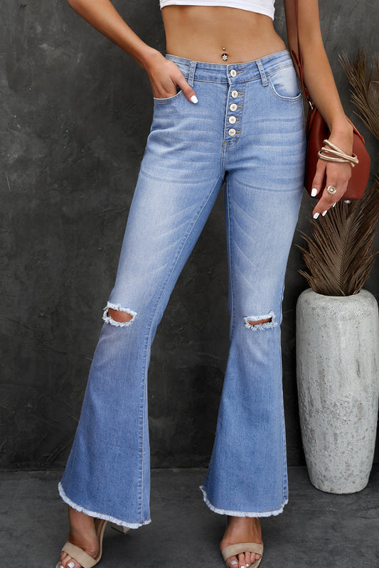 Button Fly Distressed Knee Raw Hem Jeans