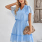 Frill Trim Tie Neck Flutter Sleeve Dress