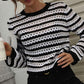Striped Openwork Long-Sleeve Knit Pullover