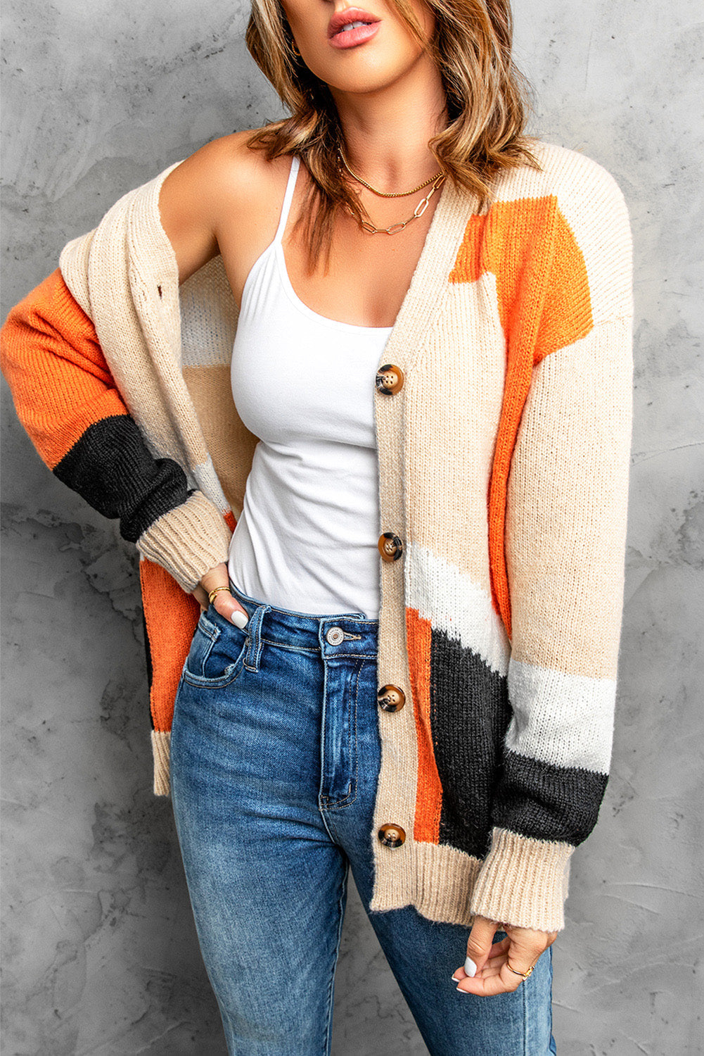 Color Block Drop Shoulder Button Down Cardigan with Pockets