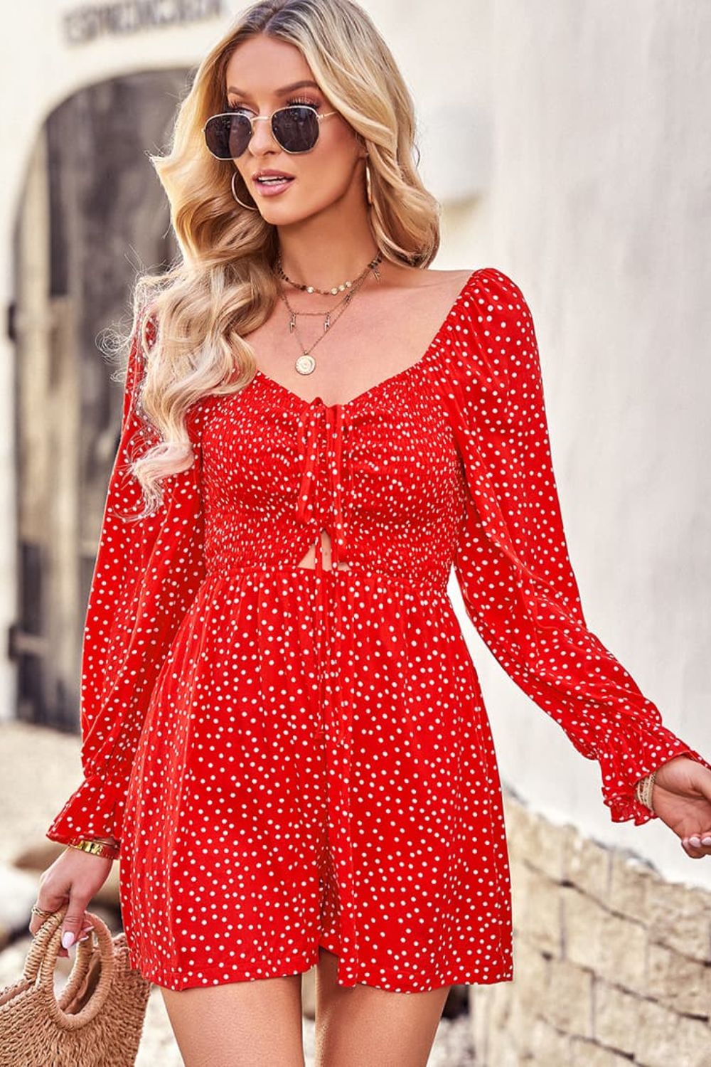 Polka Dot Ruched Smocked Flounce Sleeve Romper