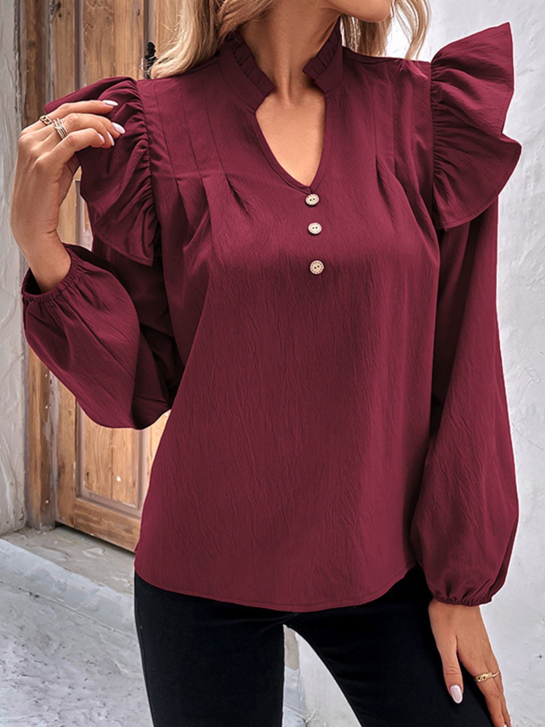 Decorative Button Notched Neck Ruffle Shoulder Blouse