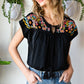 Embroidered Tie-Neck Tassel Blouse