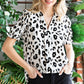 Leopard Notched Neck Short Flounce Sleeve Blouse