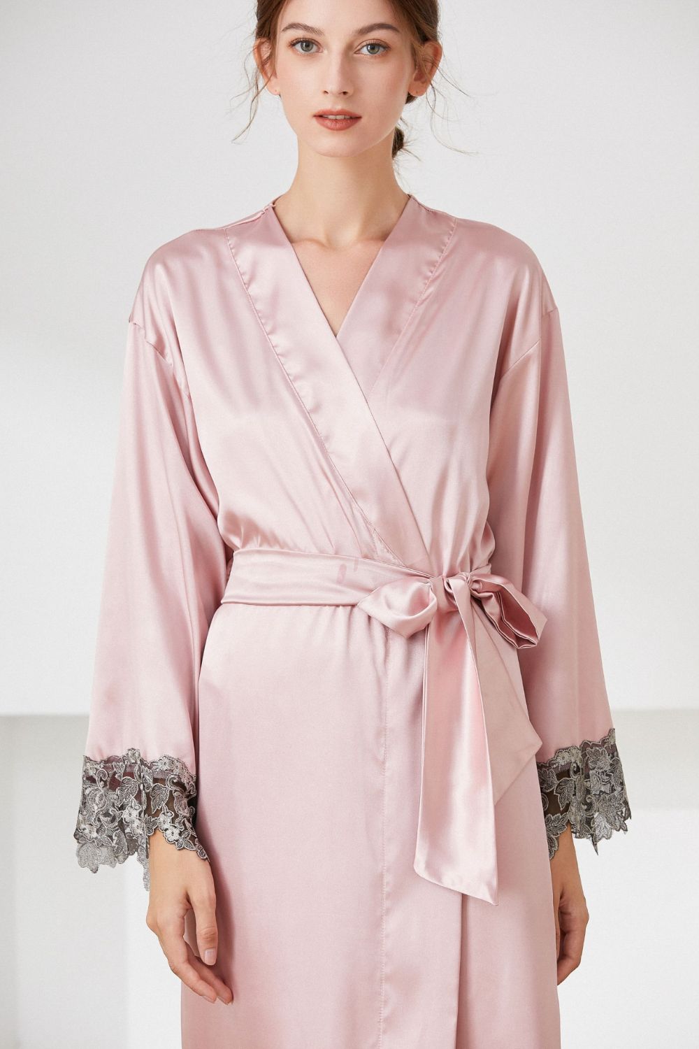 Contrast  Lace Trim Belted Robe