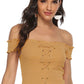 Lace-Up Front Lettuce Hem Off-Shoulder Knit Top