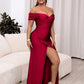 Ruched Off-Shoulder Tulip Hem Satin Maxi Dress