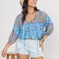 Plus Size Printed Tie Neck Balloon Sleeve Blouse