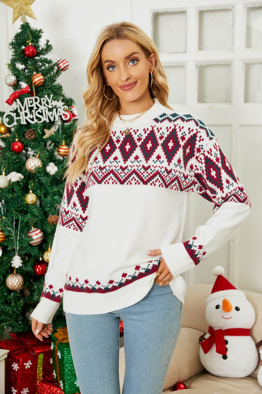 Geometric Crewneck Dropped Shoulder Sweater
