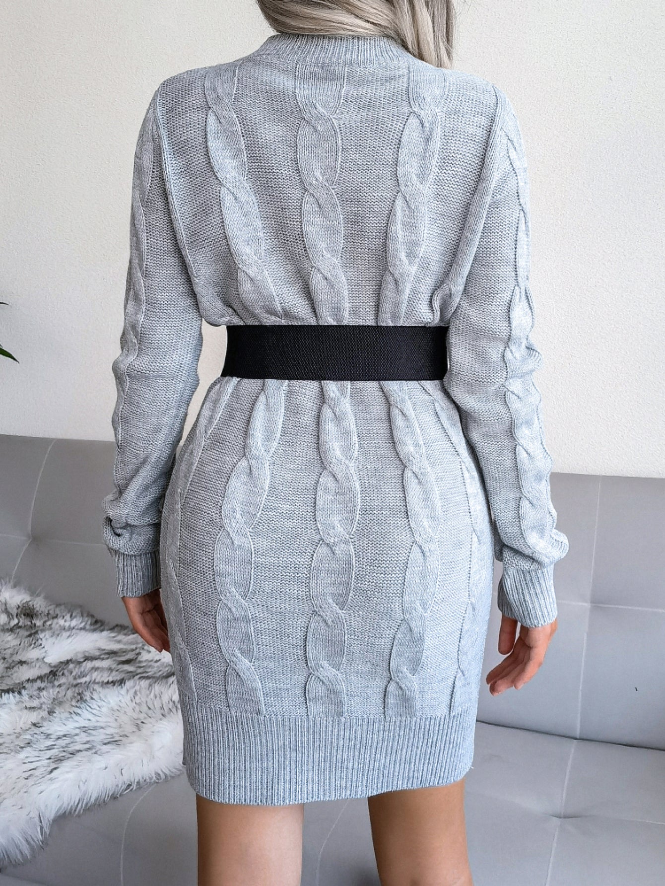 Cable-Knit Long Sleeve Ribbed Trim Mini Sweater Dress (Belt Not Included)