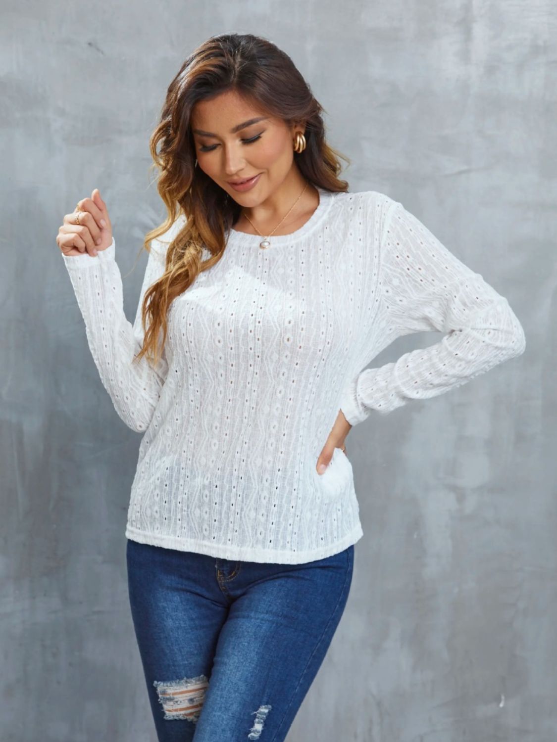 Eyelet Round Neck Long Sleeve Top