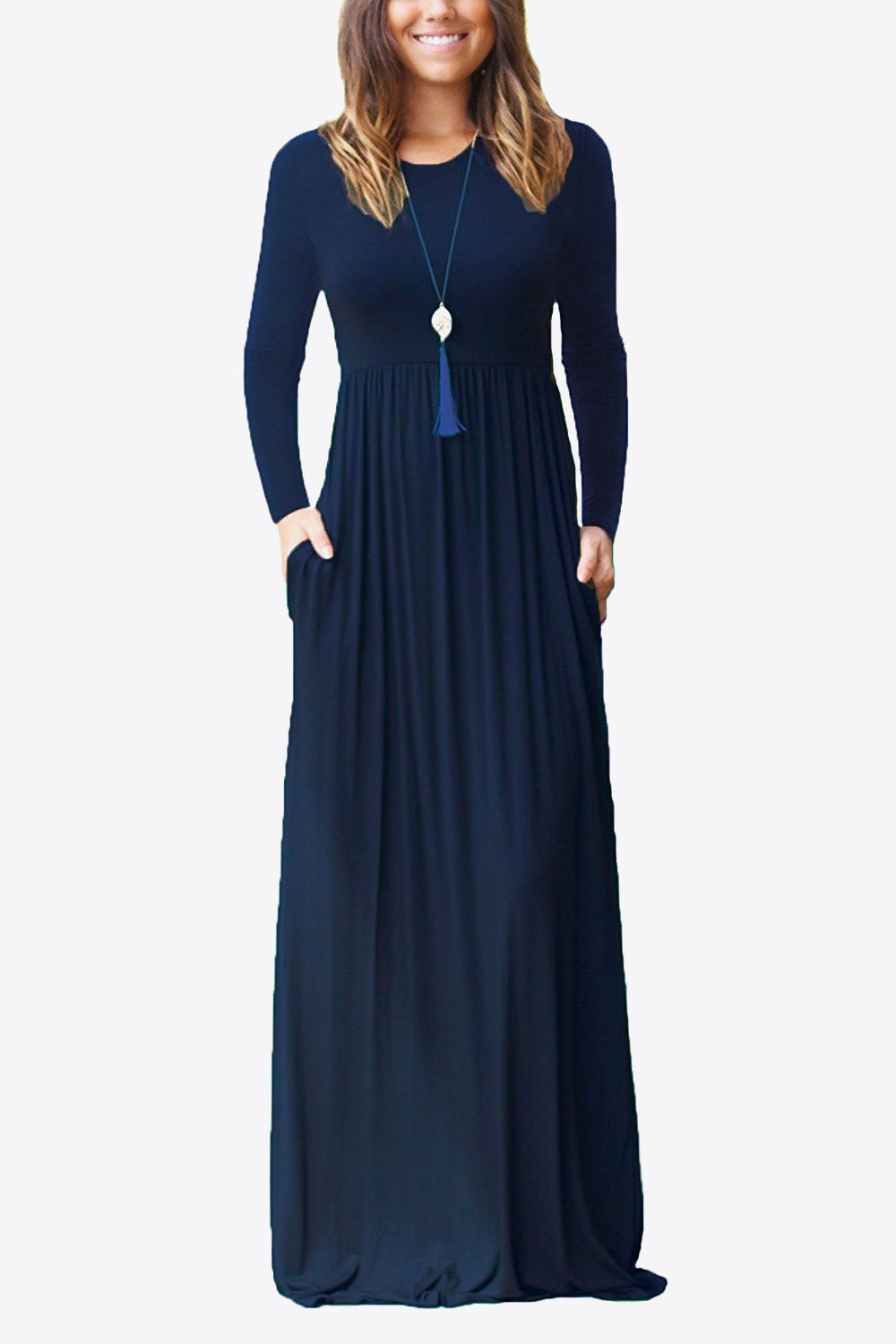 Round Neck Empire Waist Pocket Dress