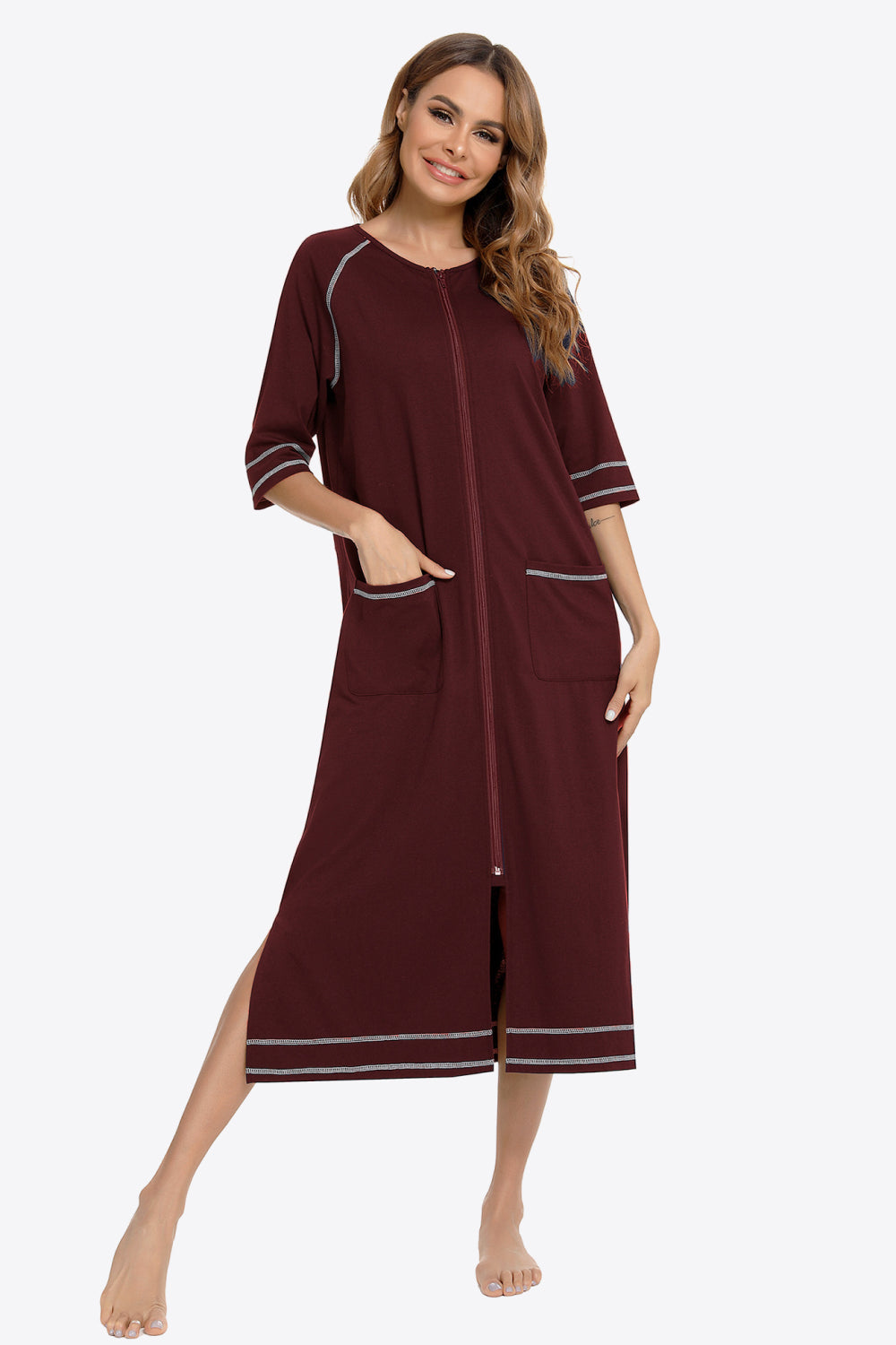 Zip Up Slit Night Dress with Pockets