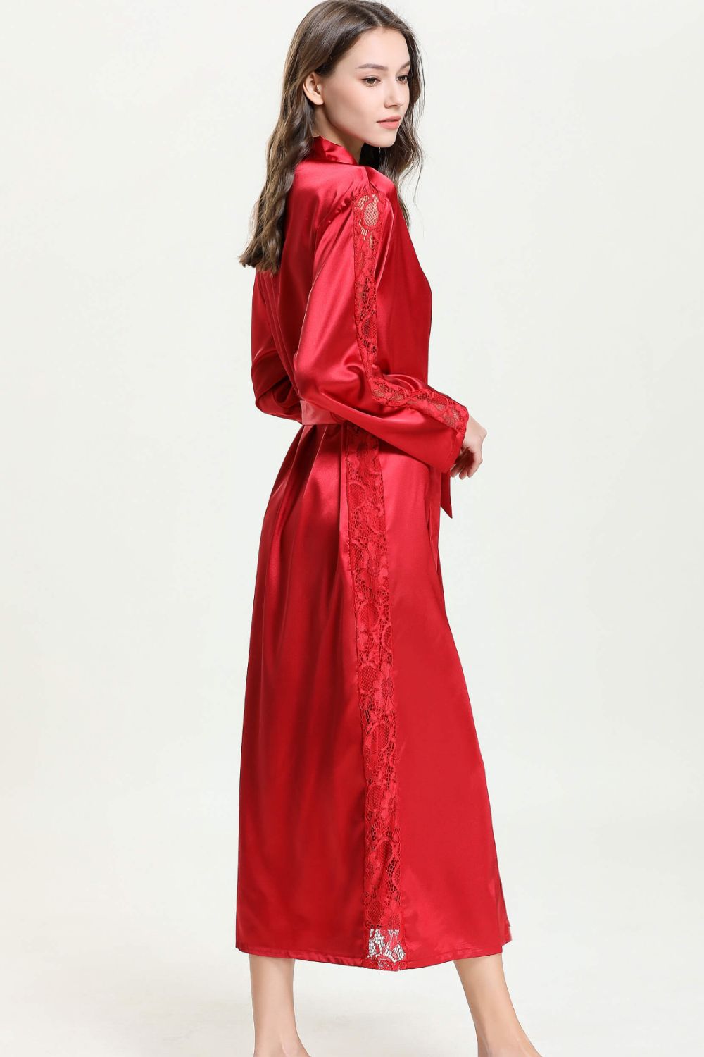 Spliced Lace Tie Waist Satin Robe
