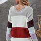 Color Block Distressed V-Neck Ribbed Sweater