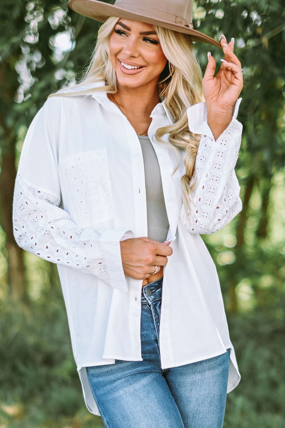 Eyelet Detail Button Down High-Low Shirt