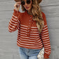 Striped Half-Button Frill Trim Sweater