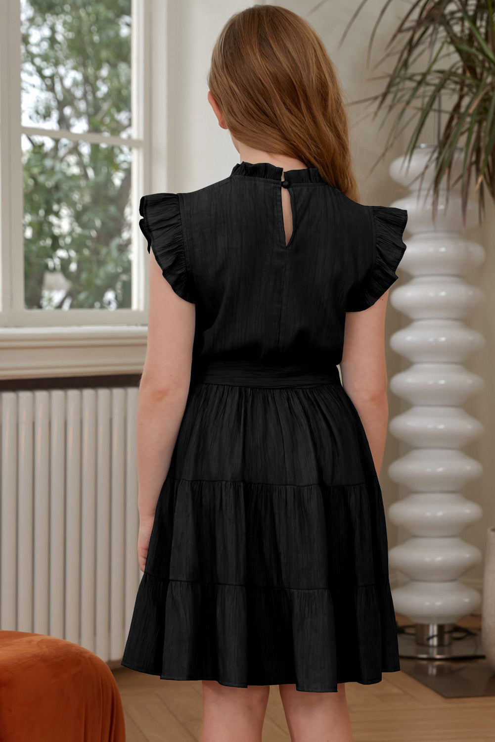 Girls Tie-Waist Frill Neck Flutter Sleeve Tiered Dress