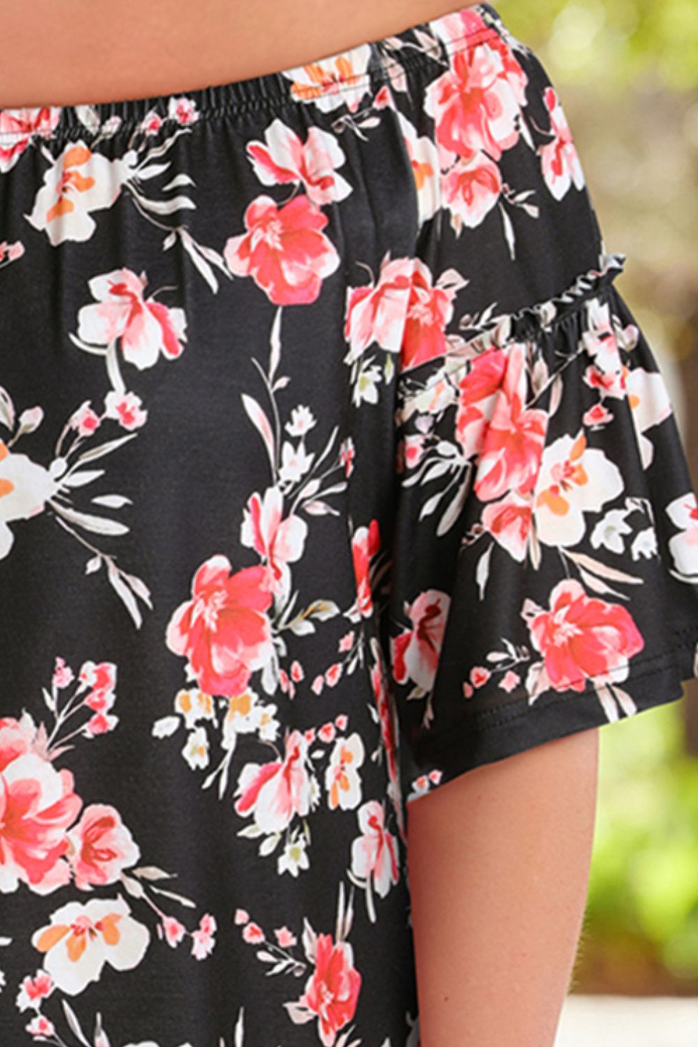 Plus Size Floral Off-Shoulder Flare Sleeve Blouse