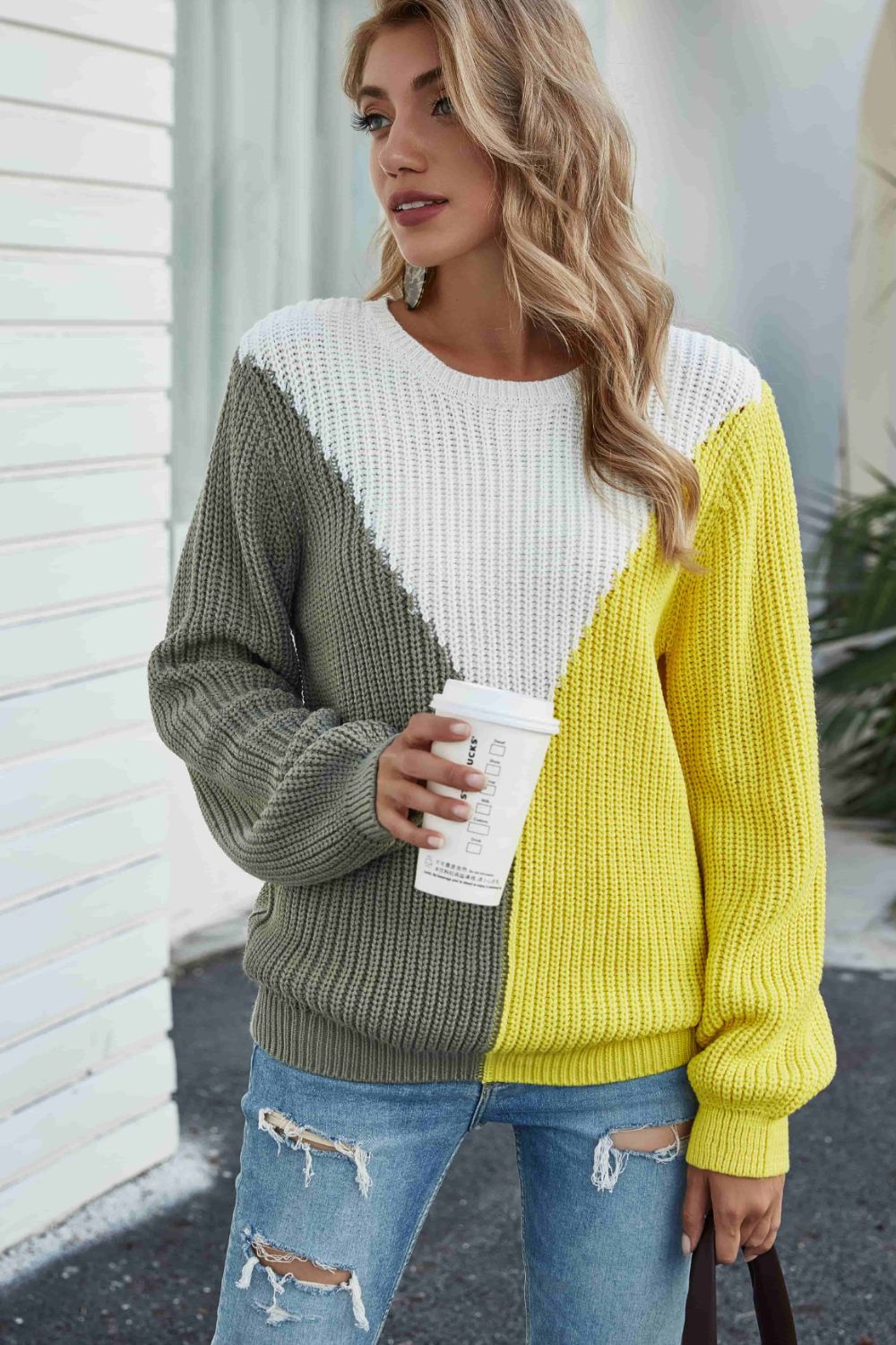 Color Block Rib-Knit Round Neck Knit Pullover