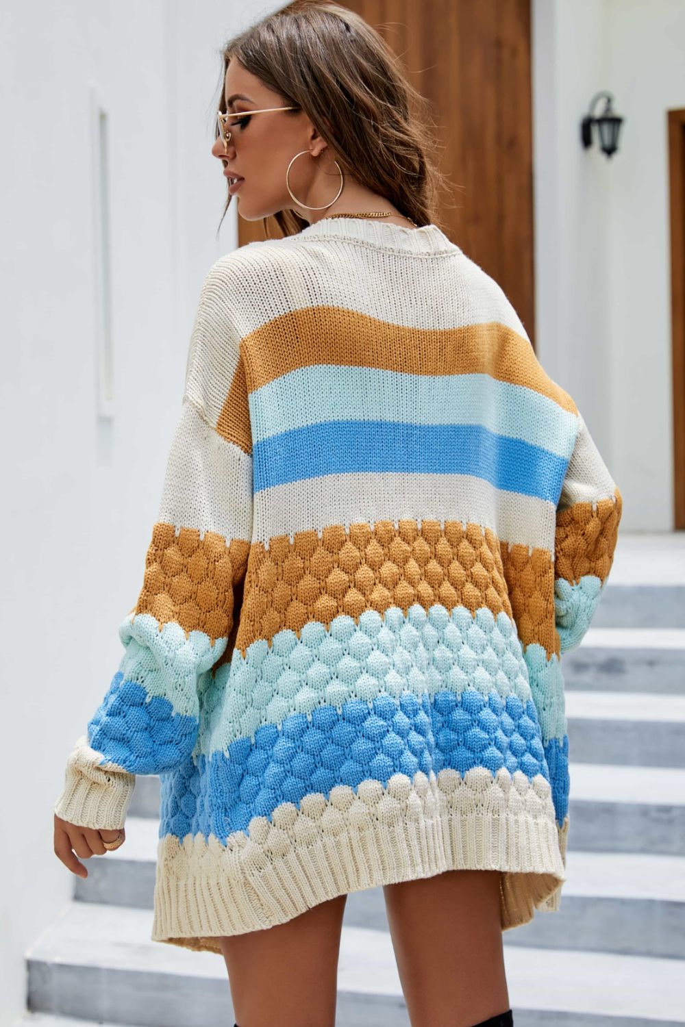 Color Block Drop Shoulder Open Front Cardigan
