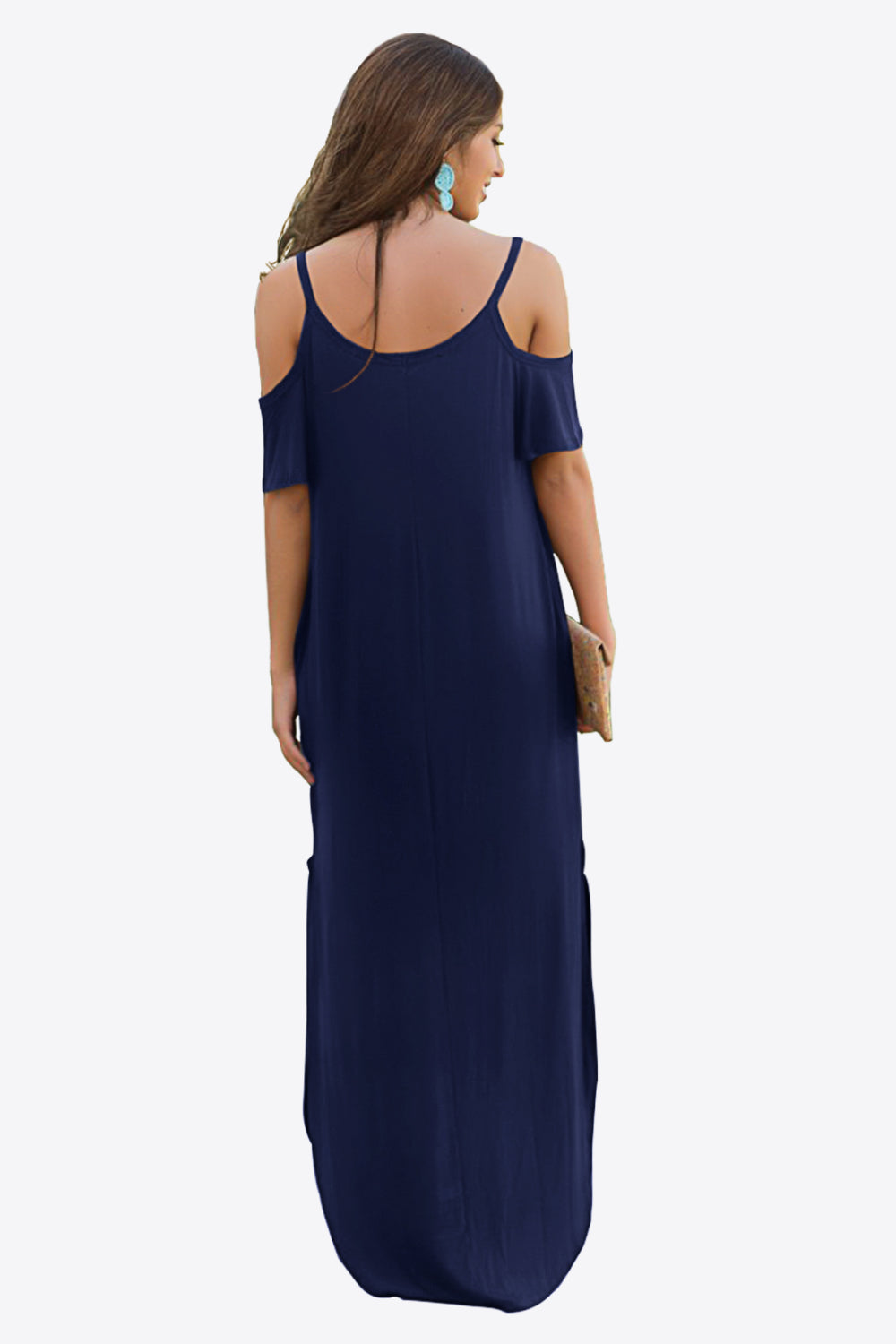 Cold-Shoulder Split Maxi Dress with Pockets