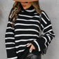 Striped Side Slit Turtleneck Sweater