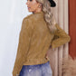 Belted Lapel Collar Zip Up Suede Jacket