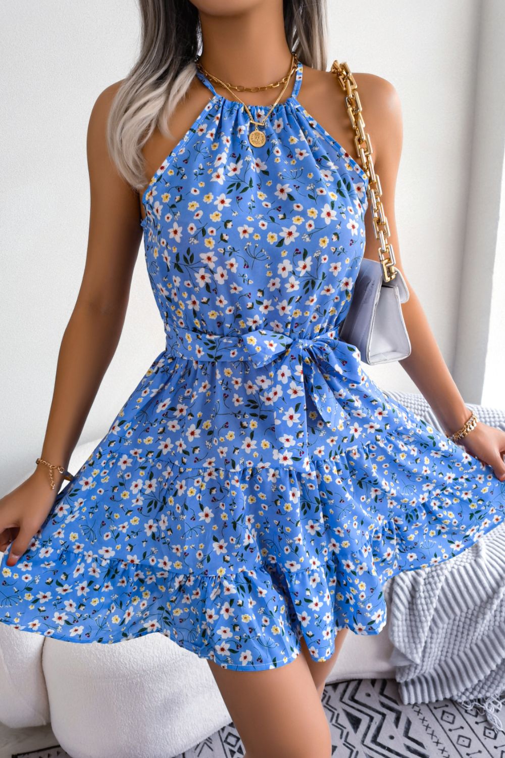 Floral Tie Waist Ruffle Hem Sleeveless Dress
