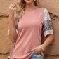 Leopard Lace Trim Ribbed Round Neck Top