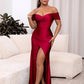 Ruched Off-Shoulder Tulip Hem Satin Maxi Dress