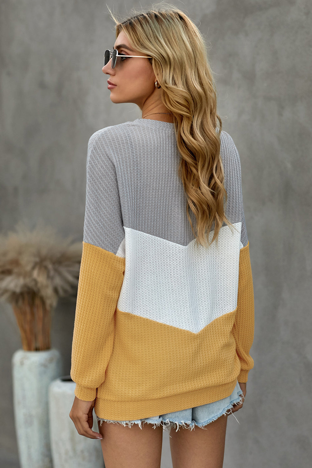 Color Block Chevron Waffle Pullover Sweatshirt