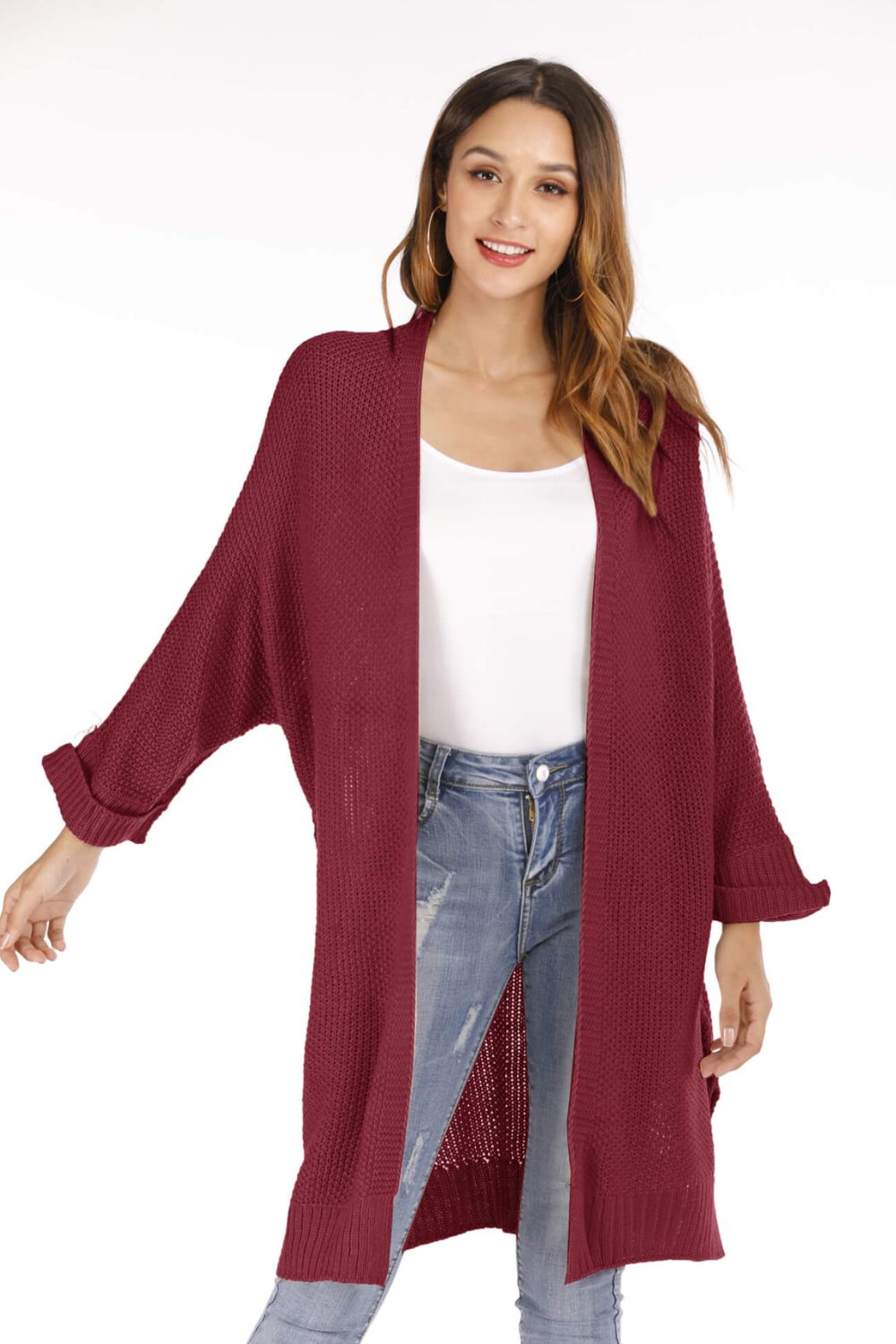 Open Front Slit Exposed Seam Cardigan