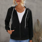 Distressed Zip Up Drawstring Detail Hoodie
