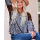 Animal Print Color Block  V-Neck Flounce Sleeve Blouse
