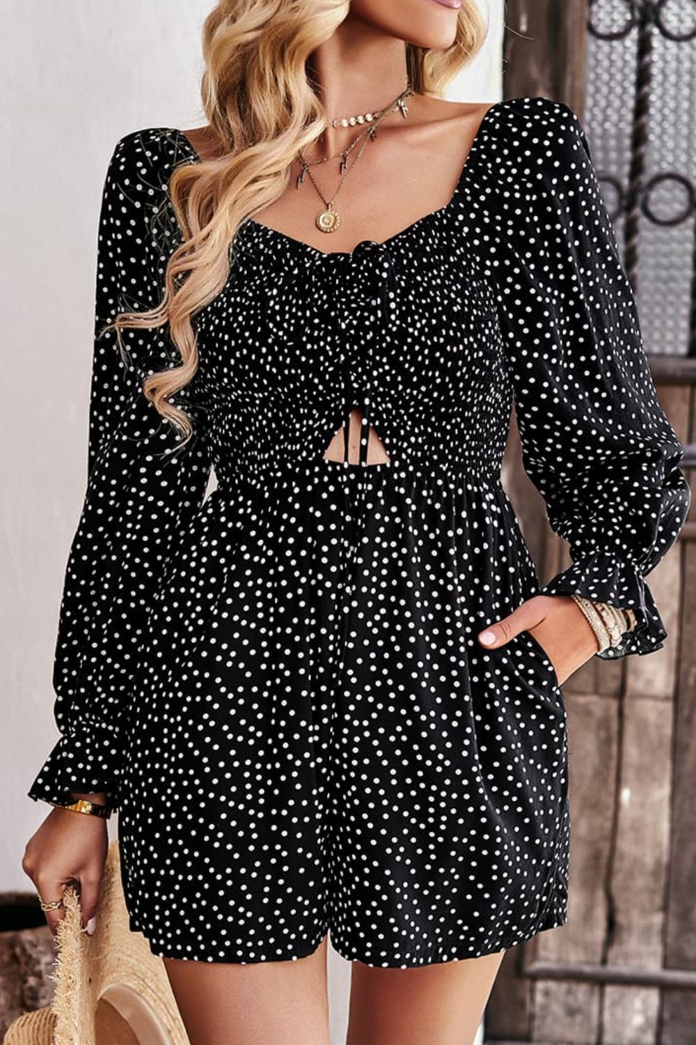 Polka Dot Ruched Smocked Flounce Sleeve Romper